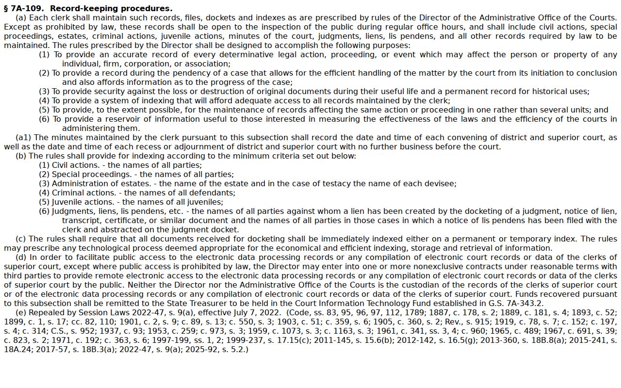 Buncombe court case records G.S. 7A-109 source