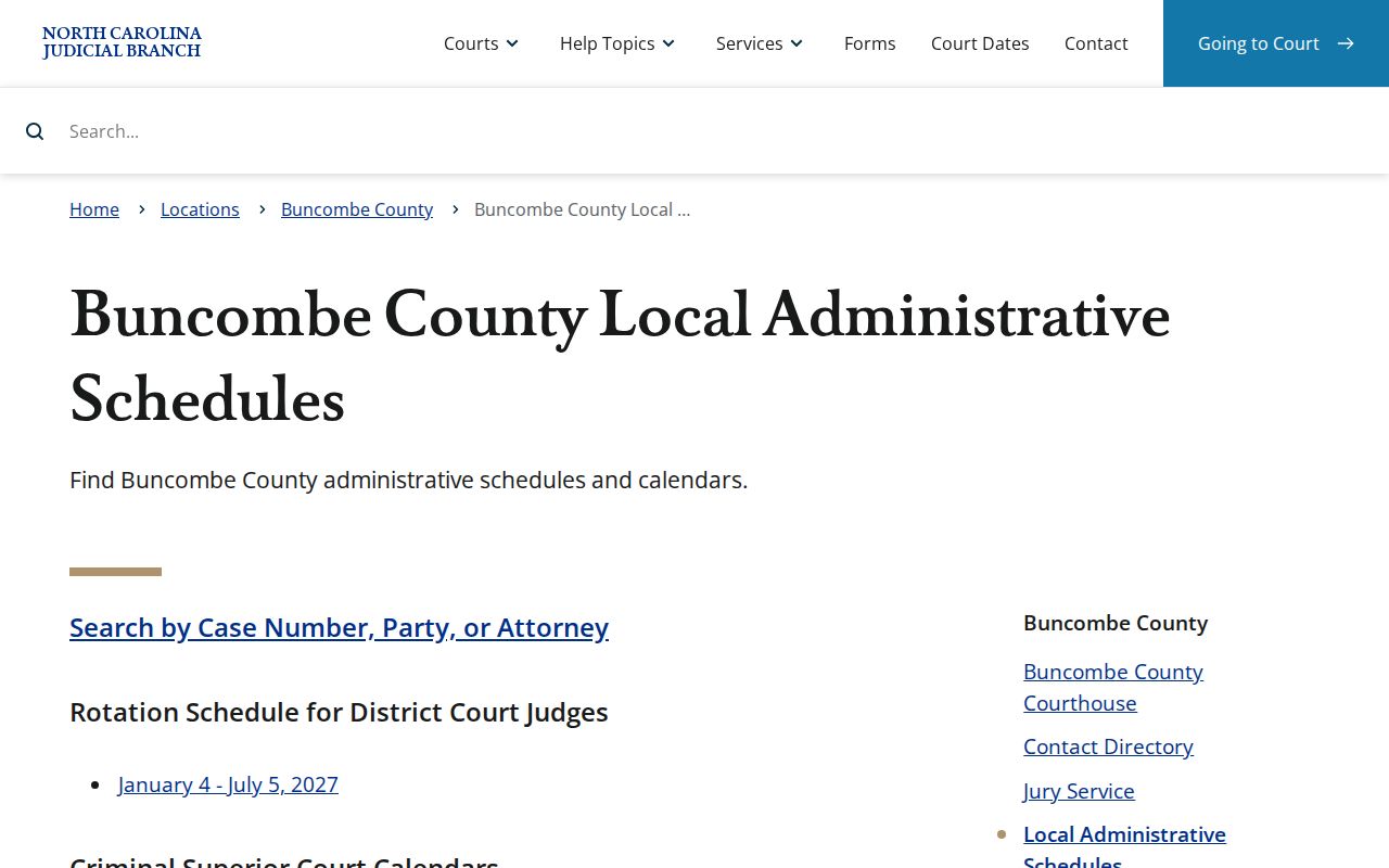 Buncombe court schedule local administrative calendar categories